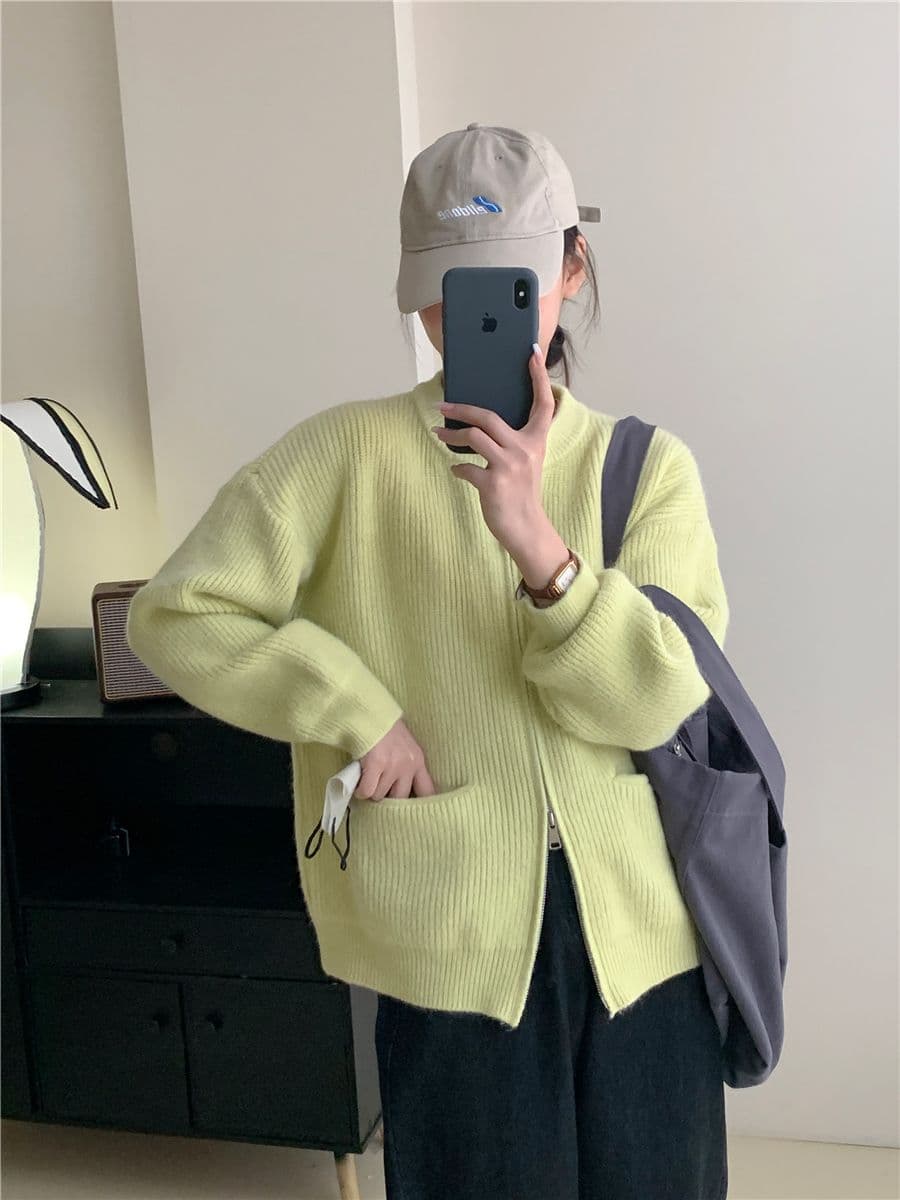 레트로 단색 느긋한 바람 양방향 지퍼 니트 스웨터 재킷 한 첨부 된 의류 루즈핏 품격 구덩이 기사 스웨터 오픈 가디건 상세 이미지 21