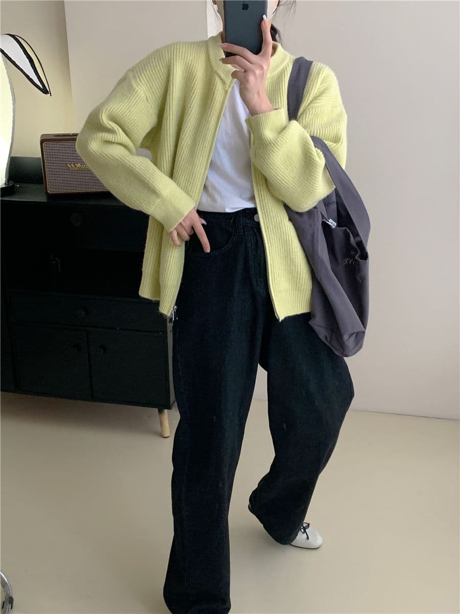 레트로 단색 느긋한 바람 양방향 지퍼 니트 스웨터 재킷 한 첨부 된 의류 루즈핏 품격 구덩이 기사 스웨터 오픈 가디건 상세 이미지 22