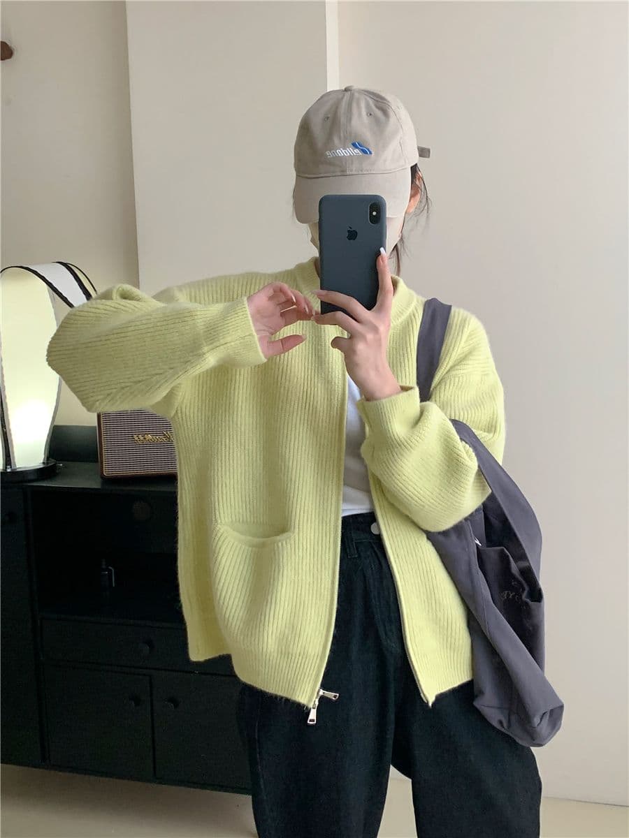 레트로 단색 느긋한 바람 양방향 지퍼 니트 스웨터 재킷 한 첨부 된 의류 루즈핏 품격 구덩이 기사 스웨터 오픈 가디건 상세 이미지 23