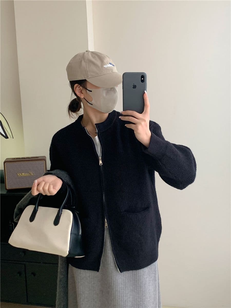 레트로 단색 느긋한 바람 양방향 지퍼 니트 스웨터 재킷 한 첨부 된 의류 루즈핏 품격 구덩이 기사 스웨터 오픈 가디건 상세 이미지 24