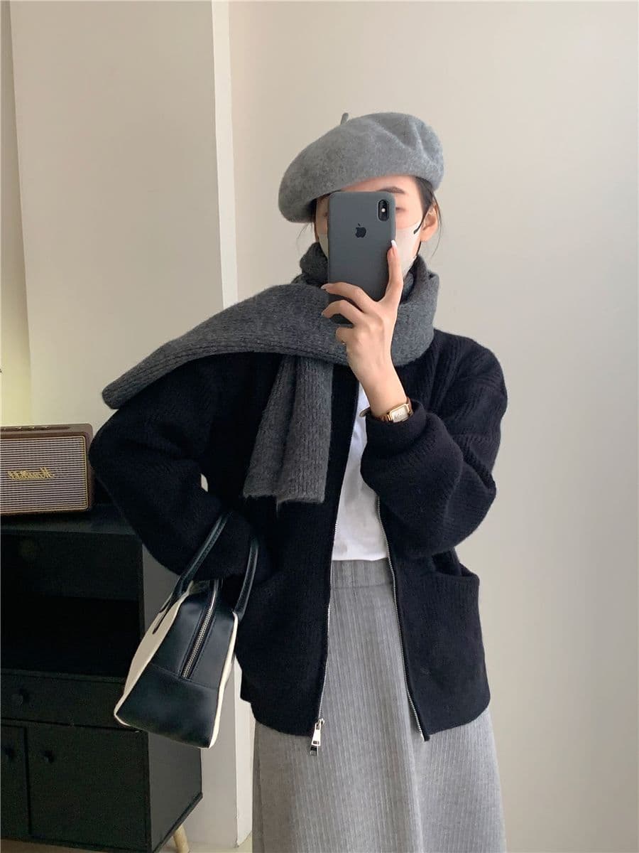 레트로 단색 느긋한 바람 양방향 지퍼 니트 스웨터 재킷 한 첨부 된 의류 루즈핏 품격 구덩이 기사 스웨터 오픈 가디건 상세 이미지 26