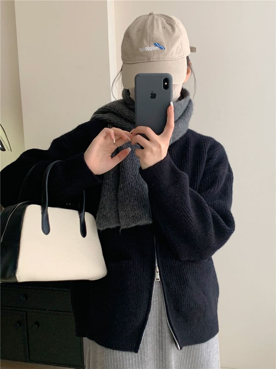 레트로 단색 느긋한 바람 양방향 지퍼 니트 스웨터 재킷 한 첨부 된 의류 루즈핏 품격 구덩이 기사 스웨터 오픈 가디건 상세 이미지 27