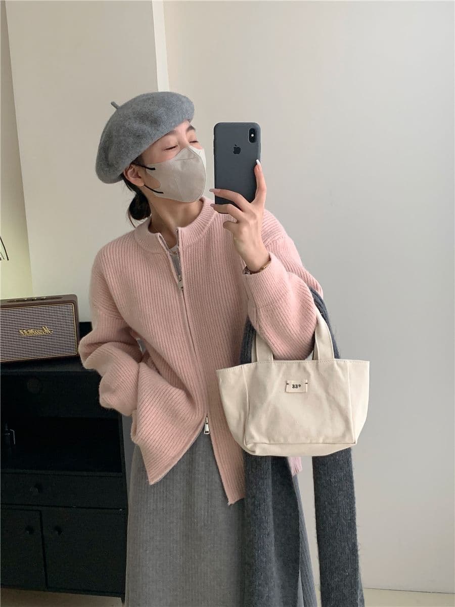 레트로 단색 느긋한 바람 양방향 지퍼 니트 스웨터 재킷 한 첨부 된 의류 루즈핏 품격 구덩이 기사 스웨터 오픈 가디건 상세 이미지 30