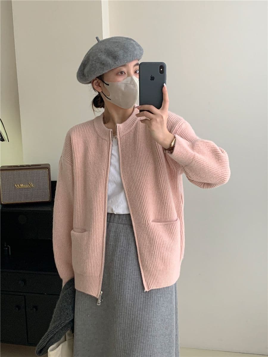 레트로 단색 느긋한 바람 양방향 지퍼 니트 스웨터 재킷 한 첨부 된 의류 루즈핏 품격 구덩이 기사 스웨터 오픈 가디건 상세 이미지 32