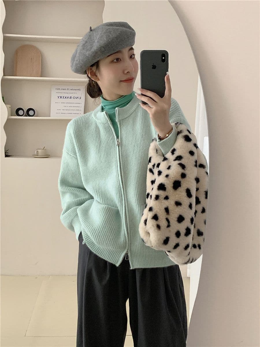 레트로 단색 느긋한 바람 양방향 지퍼 니트 스웨터 재킷 한 첨부 된 의류 루즈핏 품격 구덩이 기사 스웨터 오픈 가디건 상세 이미지 34