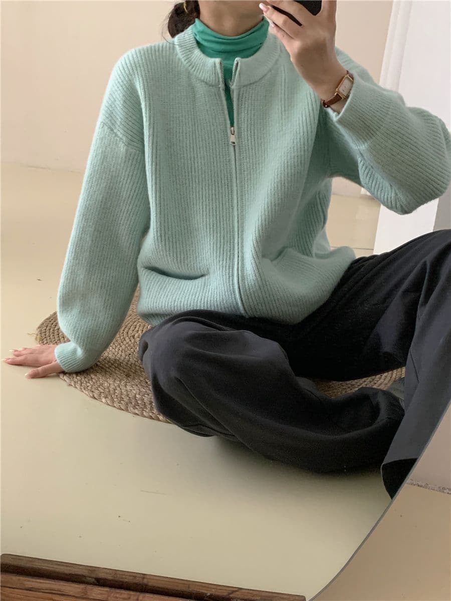 레트로 단색 느긋한 바람 양방향 지퍼 니트 스웨터 재킷 한 첨부 된 의류 루즈핏 품격 구덩이 기사 스웨터 오픈 가디건 상세 이미지 35