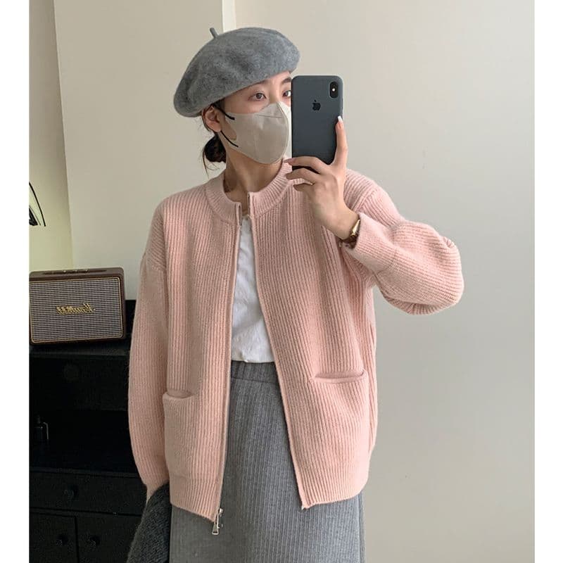 레트로 단색 느긋한 바람 양방향 지퍼 니트 스웨터 재킷 한 첨부 된 의류 루즈핏 품격 구덩이 기사 스웨터 오픈 가디건 상세 이미지 43