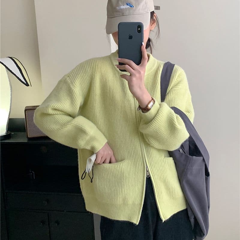레트로 단색 느긋한 바람 양방향 지퍼 니트 스웨터 재킷 한 첨부 된 의류 루즈핏 품격 구덩이 기사 스웨터 오픈 가디건 상세 이미지 44