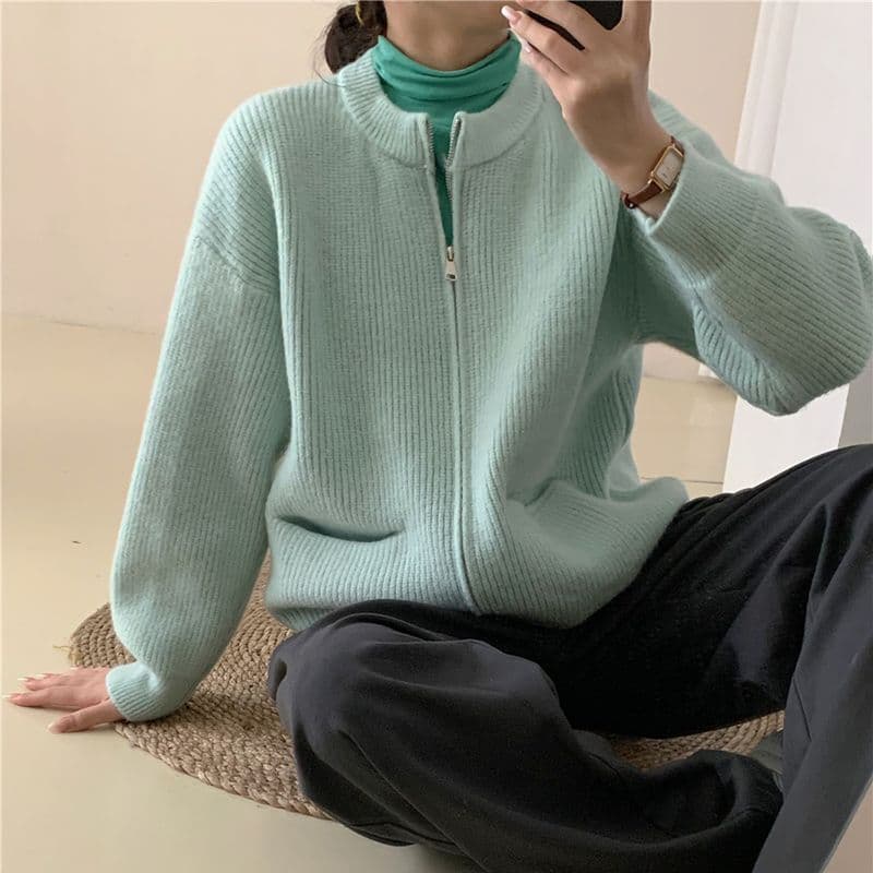 레트로 단색 느긋한 바람 양방향 지퍼 니트 스웨터 재킷 한 첨부 된 의류 루즈핏 품격 구덩이 기사 스웨터 오픈 가디건 상세 이미지 45