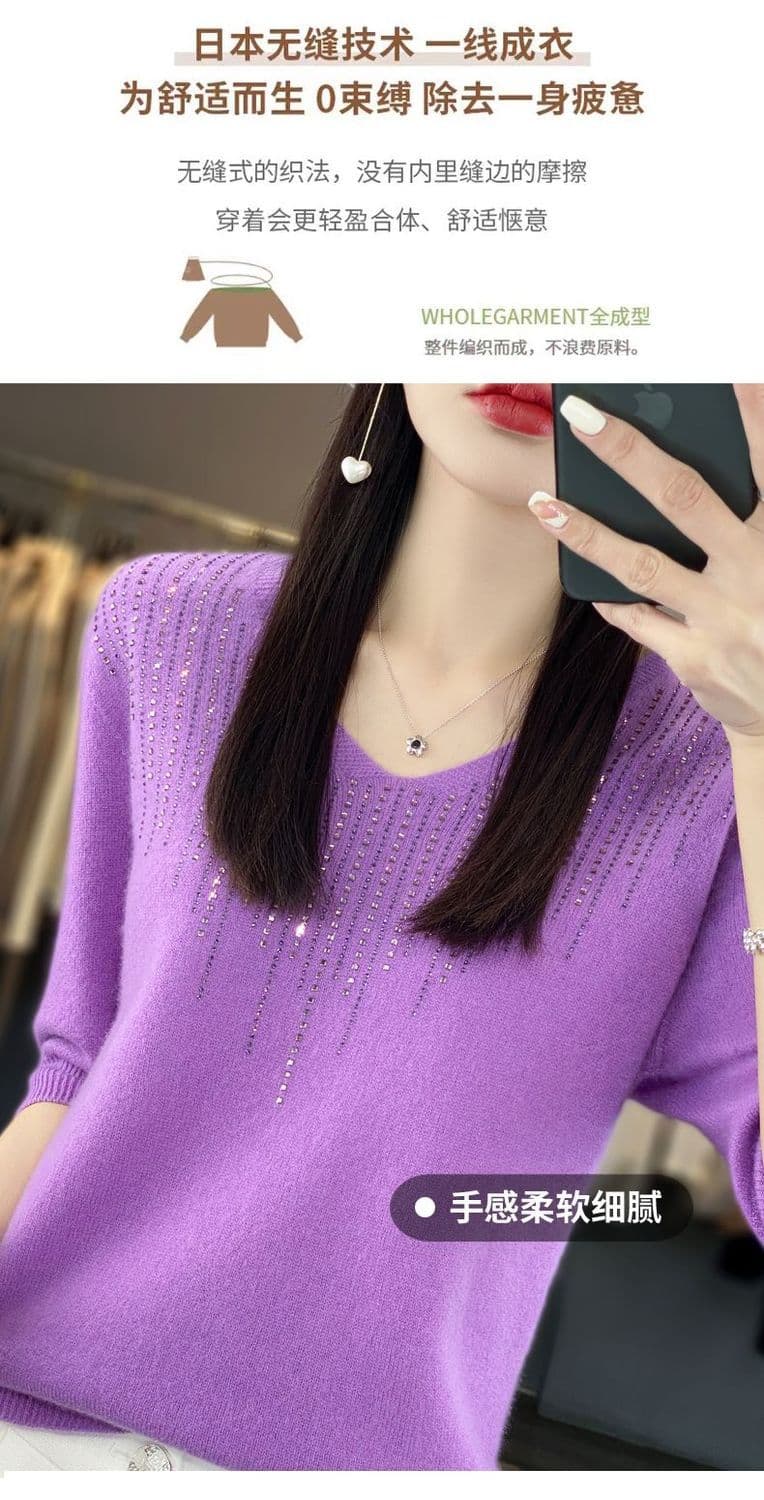 고급 뽕나무 누에 실크 티셔츠 여름 새로운 다이아몬드 세팅 V넥 5 점 소매 짠 셔츠 여성 루즈핏 기본 셔츠 품격 맨위 상세 이미지 7