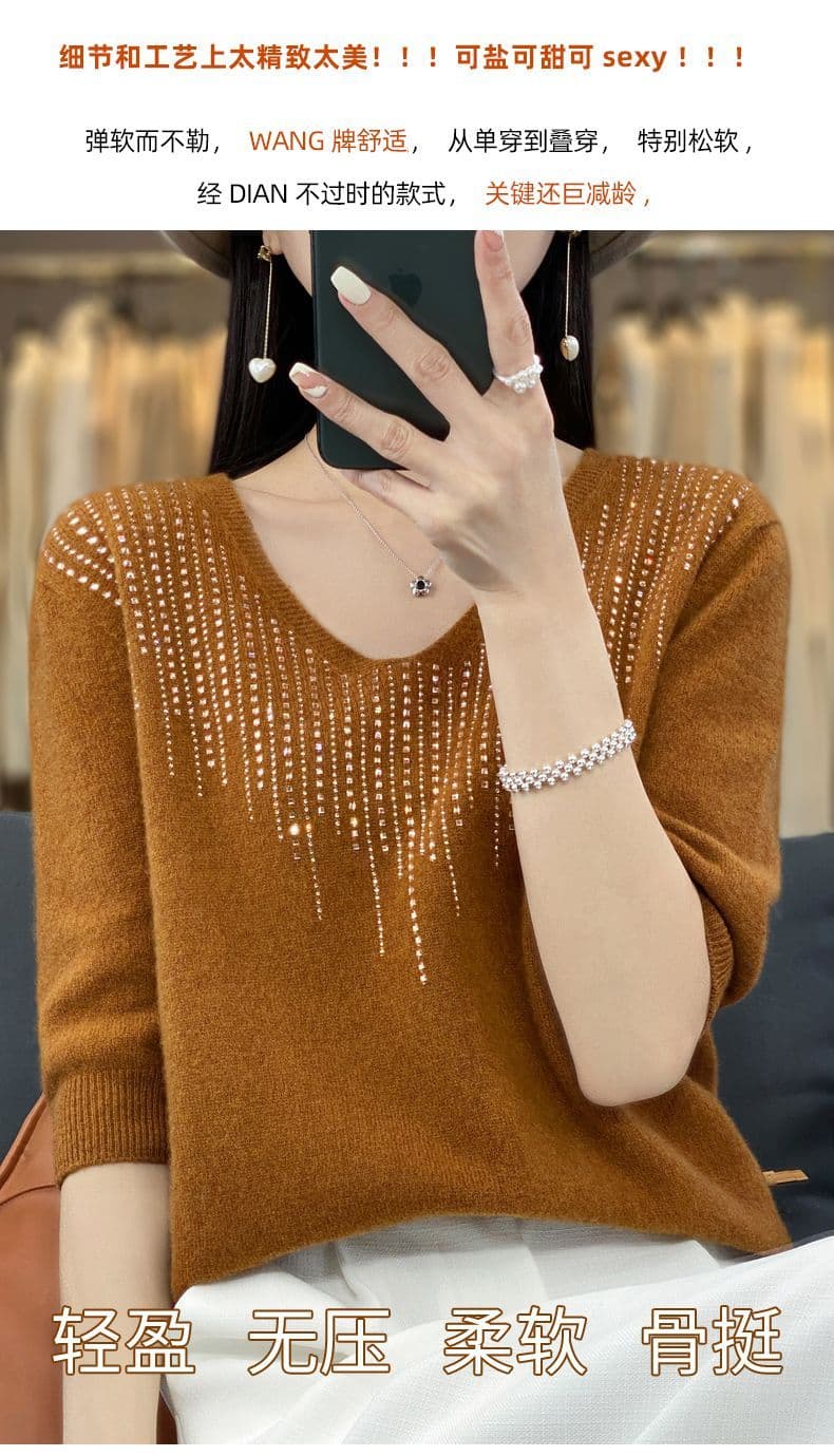고급 뽕나무 누에 실크 티셔츠 여름 새로운 다이아몬드 세팅 V넥 5 점 소매 짠 셔츠 여성 루즈핏 기본 셔츠 품격 맨위 상세 이미지 8