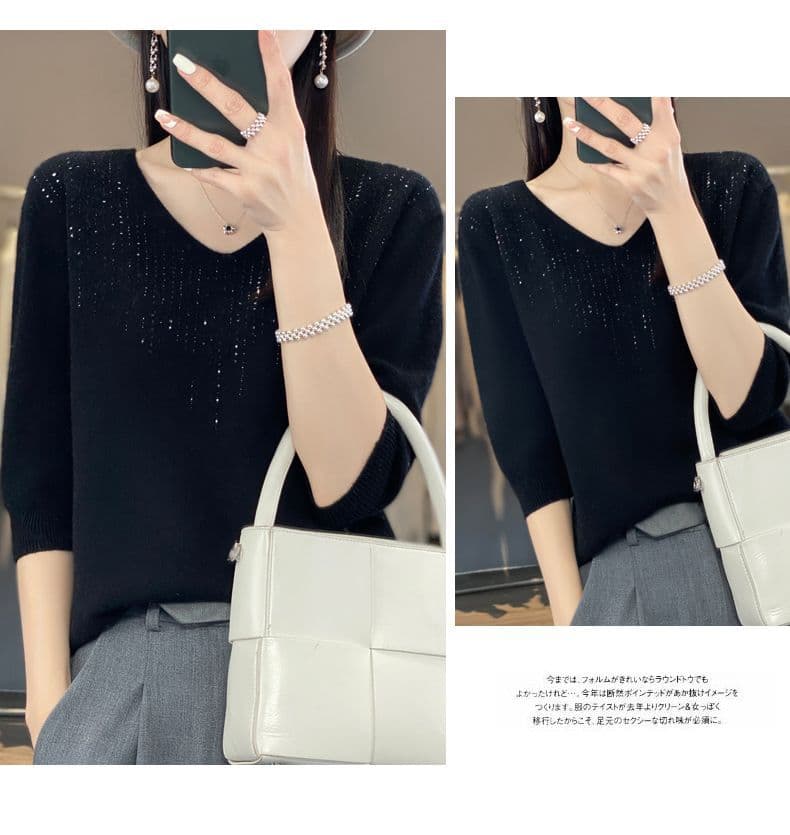 고급 뽕나무 누에 실크 티셔츠 여름 새로운 다이아몬드 세팅 V넥 5 점 소매 짠 셔츠 여성 루즈핏 기본 셔츠 품격 맨위 상세 이미지 24