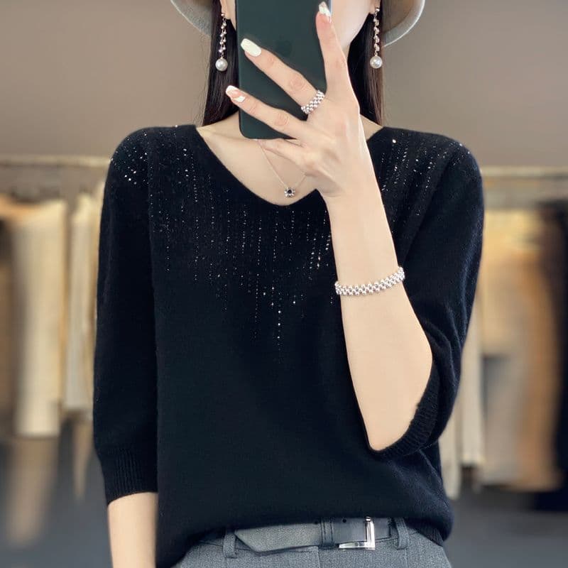 고급 뽕나무 누에 실크 티셔츠 여름 새로운 다이아몬드 세팅 V넥 5 점 소매 짠 셔츠 여성 루즈핏 기본 셔츠 품격 맨위 상세 이미지 29