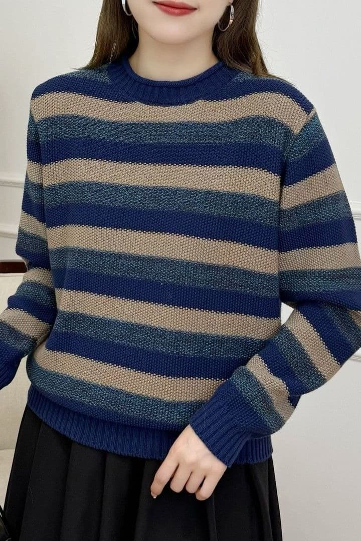 가을 겨울 새로운 루즈핏 빅 사이즈 외국 가스 패치워크 색상 스트라이프 니트 스웨터 여자 표지 배 슬림해 보이는 편안함 기본 셔츠 맨위 이미지 7
