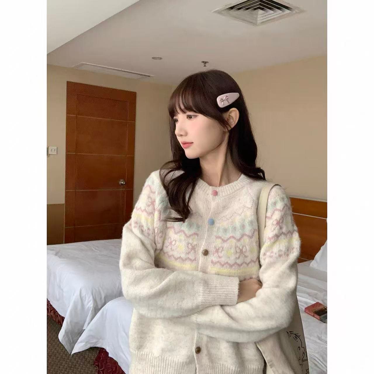 새로운 한 부서 가을 겨울 패션 배색 다용도 자카드 부드러운 찹쌀 니트 오픈 가디건 색상 단추 스웨터 여성 코트 이미지 5