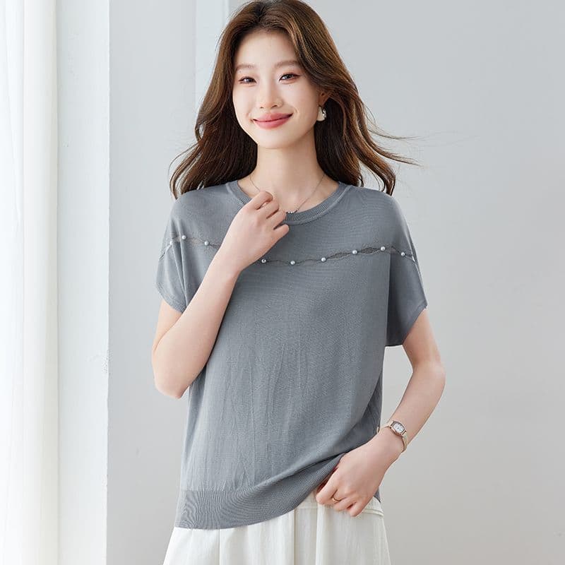 캐주얼 주간 실크 니트 반팔 라운드 넥 여름 패션 홀로우 아웃 비즈 박기 새로운 품격 슬림해 보이는 얇은 스타일 다용도 맨위