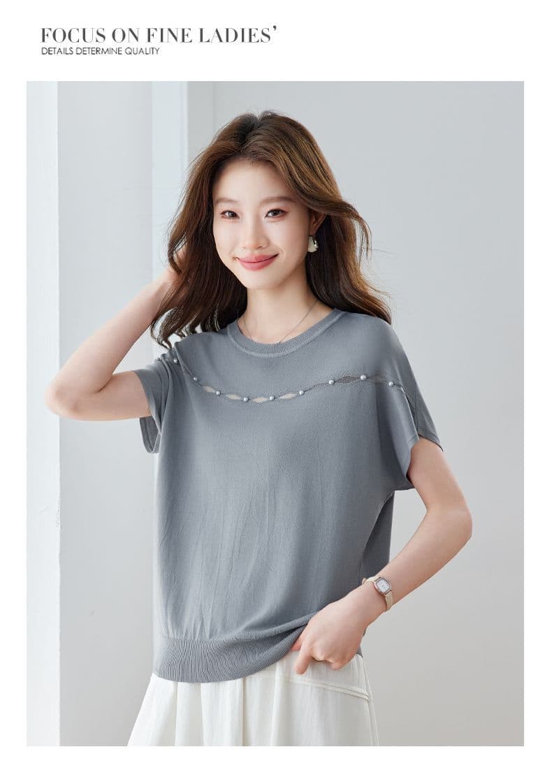 캐주얼 주간 실크 니트 반팔 라운드 넥 여름 패션 홀로우 아웃 비즈 박기 새로운 품격 슬림해 보이는 얇은 스타일 다용도 맨위 상세 이미지 6