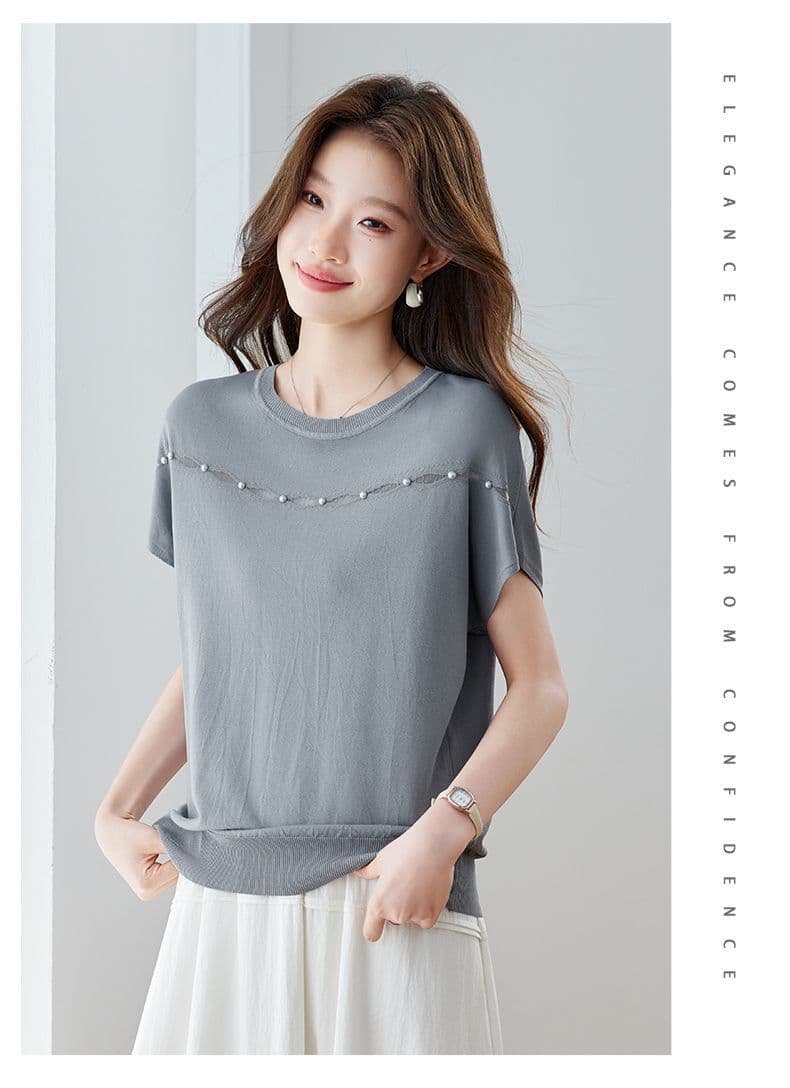 캐주얼 주간 실크 니트 반팔 라운드 넥 여름 패션 홀로우 아웃 비즈 박기 새로운 품격 슬림해 보이는 얇은 스타일 다용도 맨위 상세 이미지 9