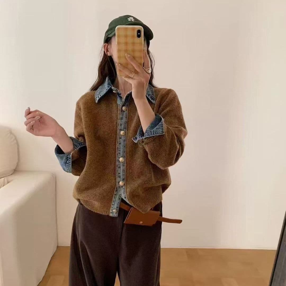 봄 가을 새로운 한 부서 패션 다용도 데님 패치워크 루즈핏 두꺼운 페이크 레이어드 스웨터 코트 니트 오픈 가디건 여성 이미지 3