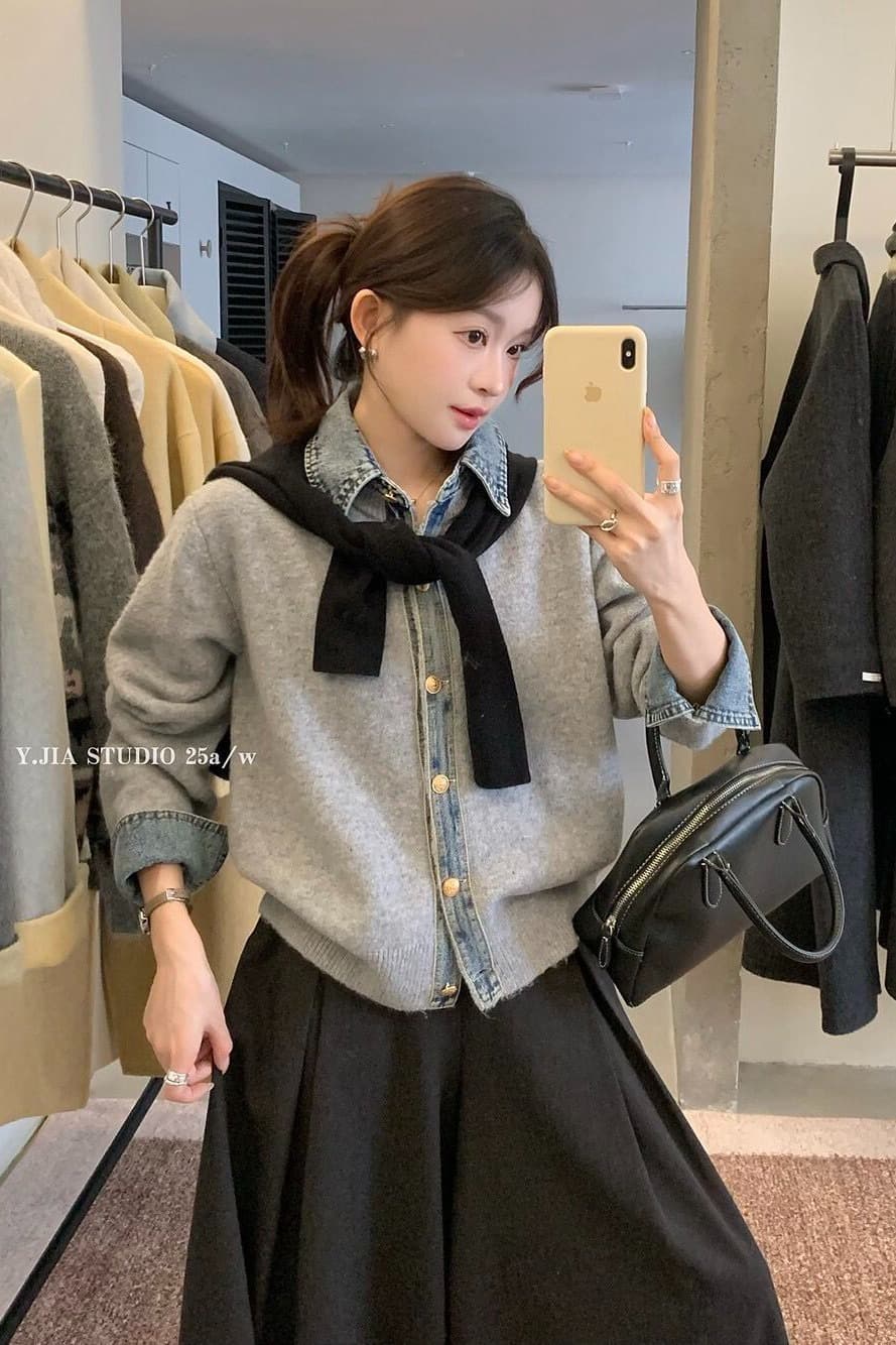 봄 가을 새로운 한 부서 패션 다용도 데님 패치워크 루즈핏 두꺼운 페이크 레이어드 스웨터 코트 니트 오픈 가디건 여성 이미지 6