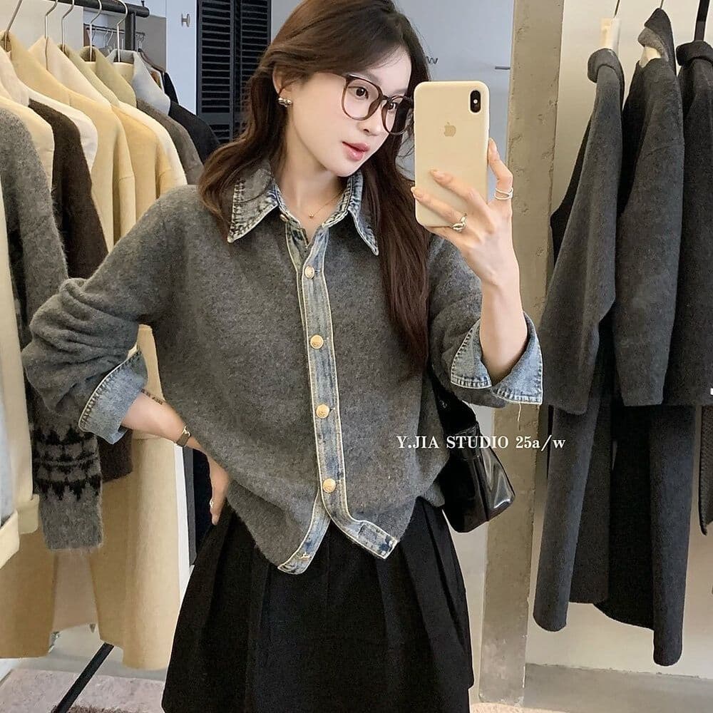 봄 가을 새로운 한 부서 패션 다용도 데님 패치워크 루즈핏 두꺼운 페이크 레이어드 스웨터 코트 니트 오픈 가디건 여성 상세 이미지 3
