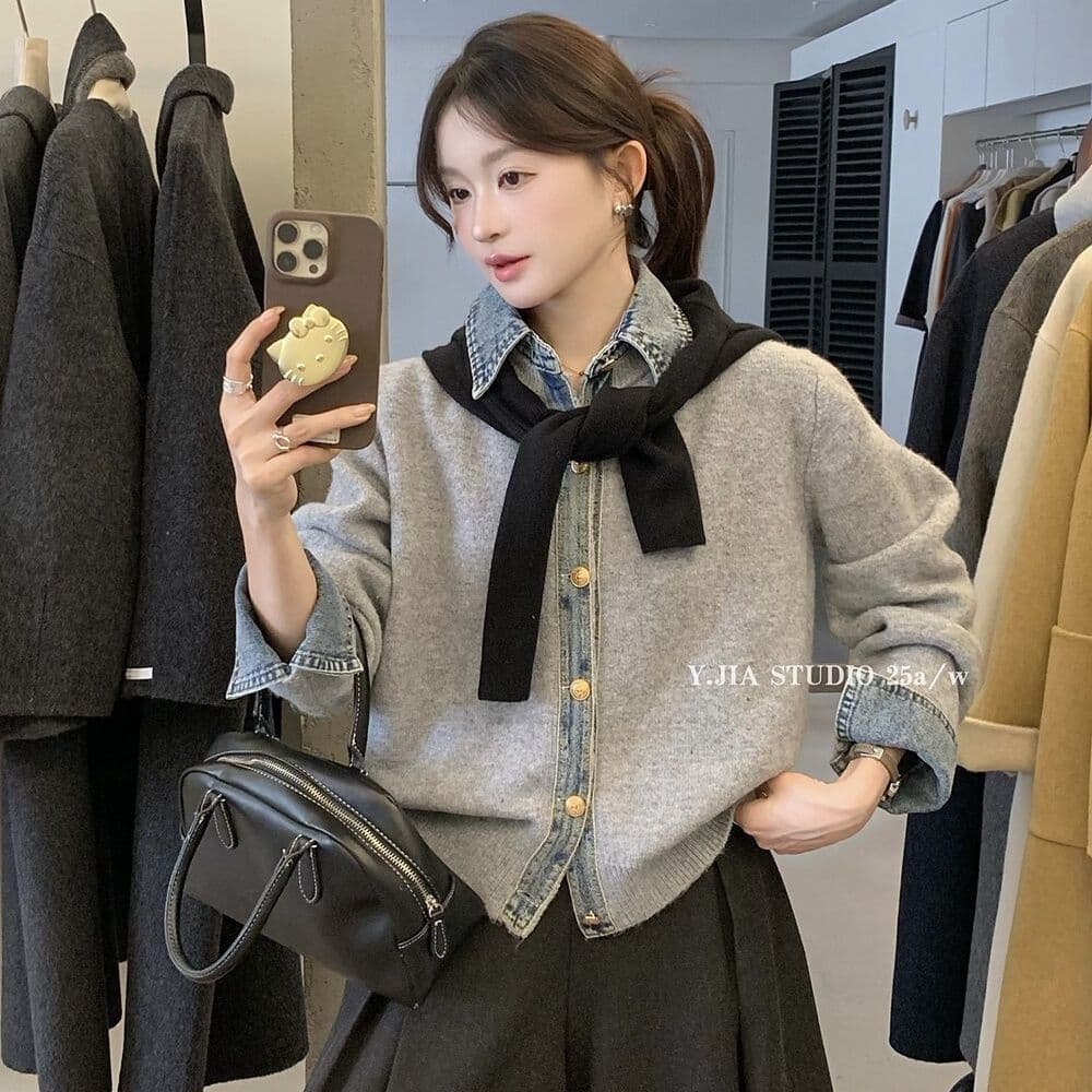 봄 가을 새로운 한 부서 패션 다용도 데님 패치워크 루즈핏 두꺼운 페이크 레이어드 스웨터 코트 니트 오픈 가디건 여성 상세 이미지 4