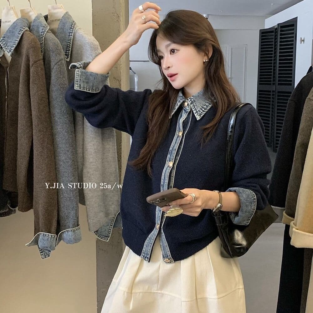 봄 가을 새로운 한 부서 패션 다용도 데님 패치워크 루즈핏 두꺼운 페이크 레이어드 스웨터 코트 니트 오픈 가디건 여성 상세 이미지 5