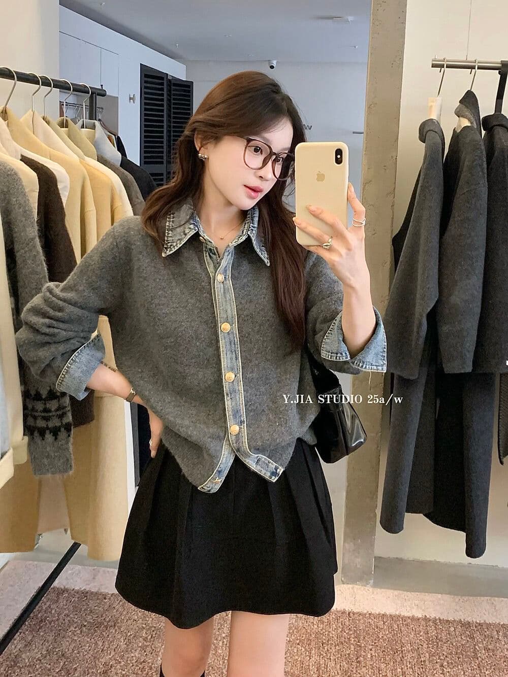 봄 가을 새로운 한 부서 패션 다용도 데님 패치워크 루즈핏 두꺼운 페이크 레이어드 스웨터 코트 니트 오픈 가디건 여성 상세 이미지 10