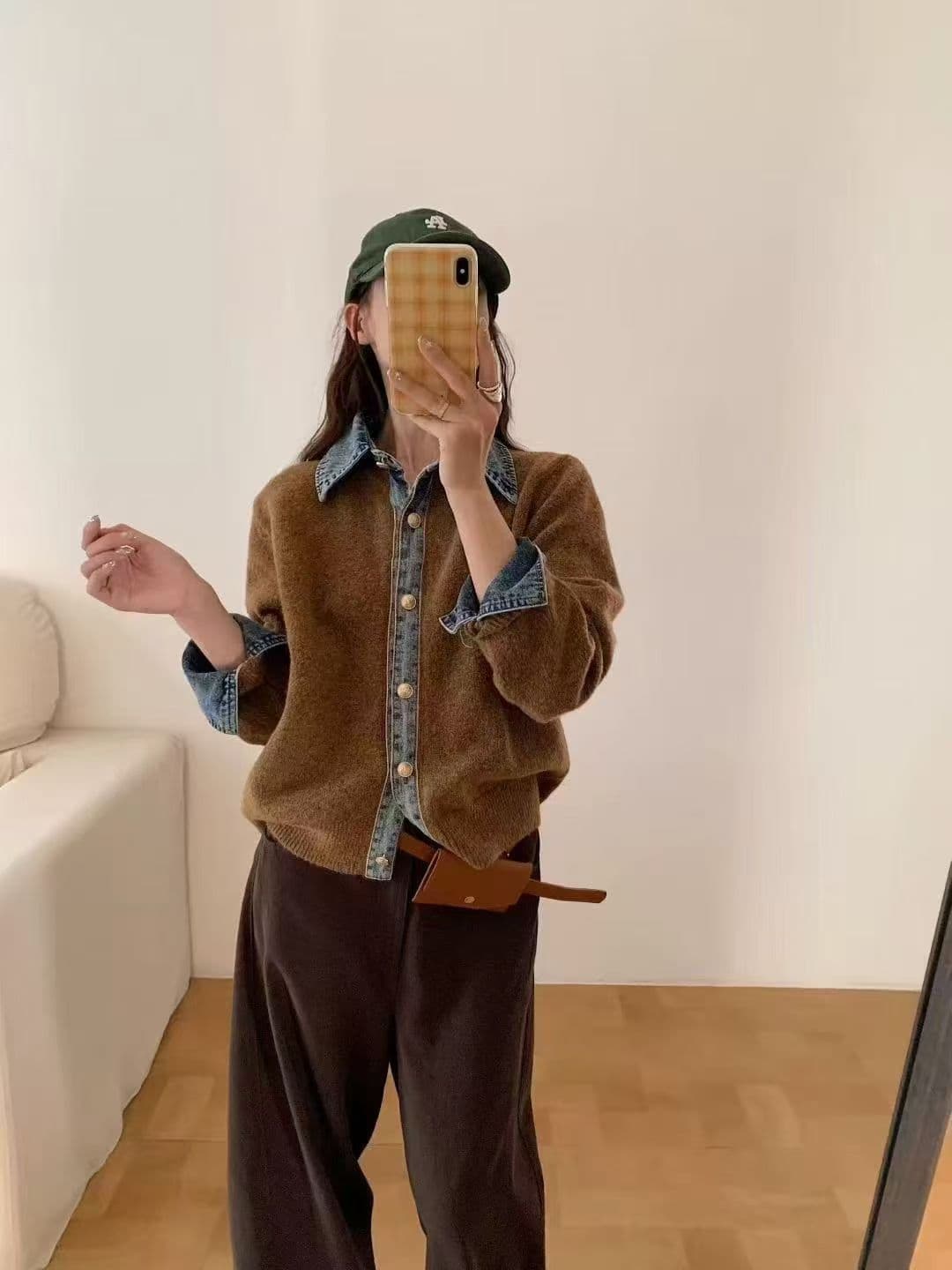 봄 가을 새로운 한 부서 패션 다용도 데님 패치워크 루즈핏 두꺼운 페이크 레이어드 스웨터 코트 니트 오픈 가디건 여성 상세 이미지 13