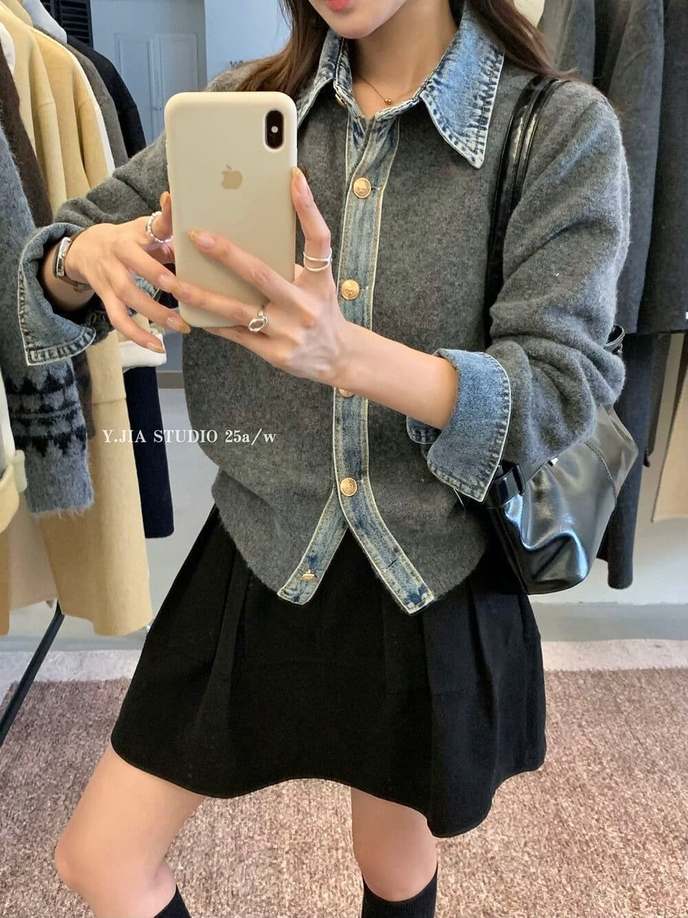봄 가을 새로운 한 부서 패션 다용도 데님 패치워크 루즈핏 두꺼운 페이크 레이어드 스웨터 코트 니트 오픈 가디건 여성 상세 이미지 16