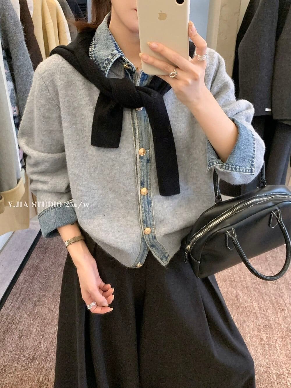 봄 가을 새로운 한 부서 패션 다용도 데님 패치워크 루즈핏 두꺼운 페이크 레이어드 스웨터 코트 니트 오픈 가디건 여성 상세 이미지 18