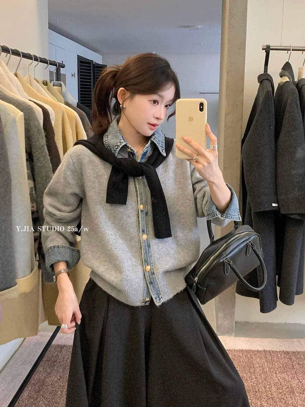 봄 가을 새로운 한 부서 패션 다용도 데님 패치워크 루즈핏 두꺼운 페이크 레이어드 스웨터 코트 니트 오픈 가디건 여성 상세 이미지 19