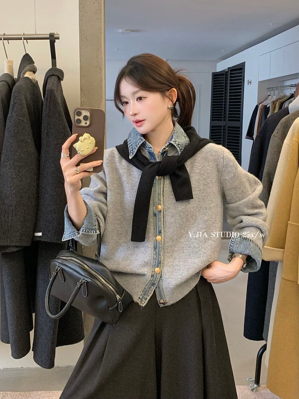 봄 가을 새로운 한 부서 패션 다용도 데님 패치워크 루즈핏 두꺼운 페이크 레이어드 스웨터 코트 니트 오픈 가디건 여성 상세 이미지 20