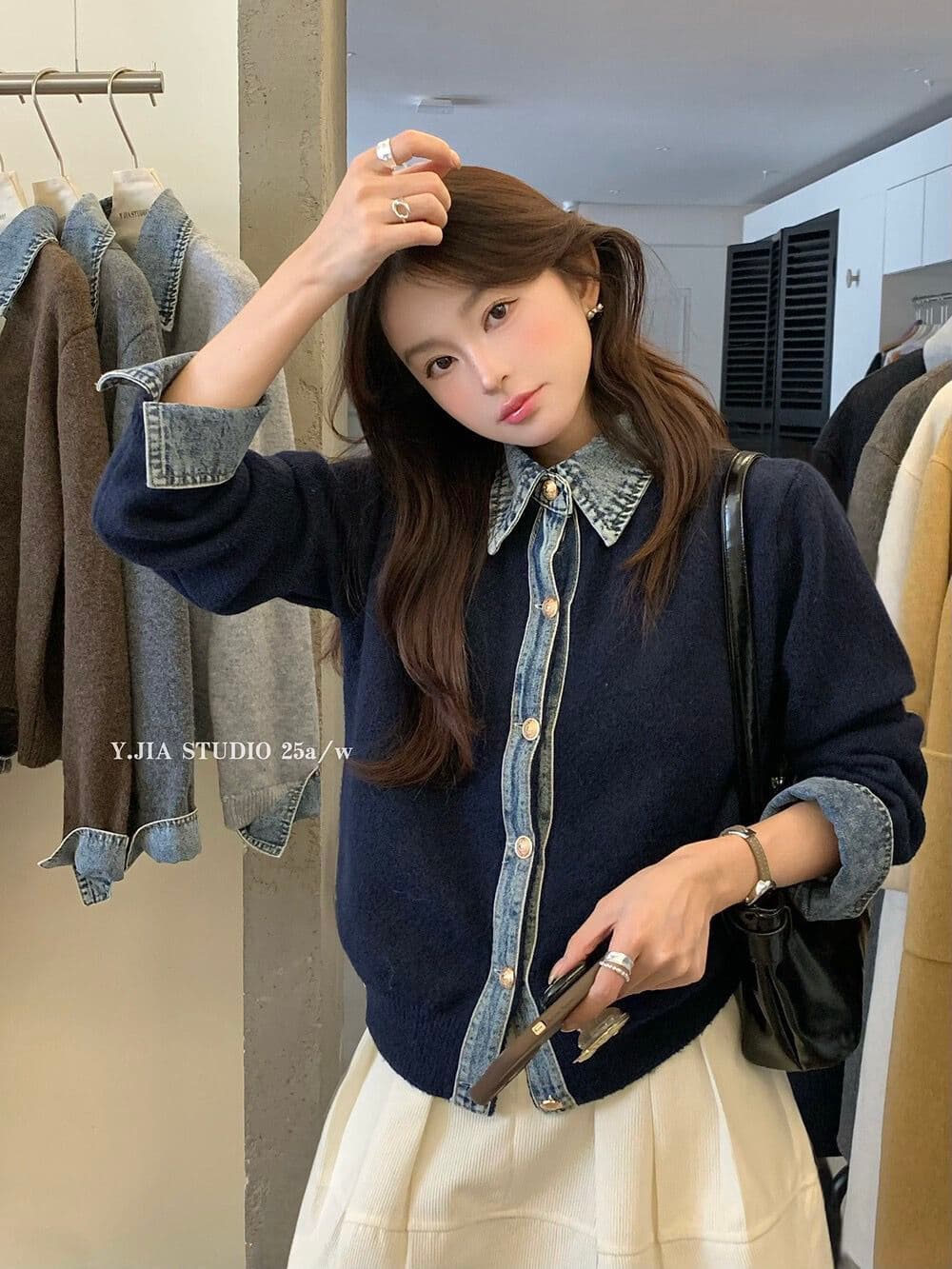 봄 가을 새로운 한 부서 패션 다용도 데님 패치워크 루즈핏 두꺼운 페이크 레이어드 스웨터 코트 니트 오픈 가디건 여성 상세 이미지 21