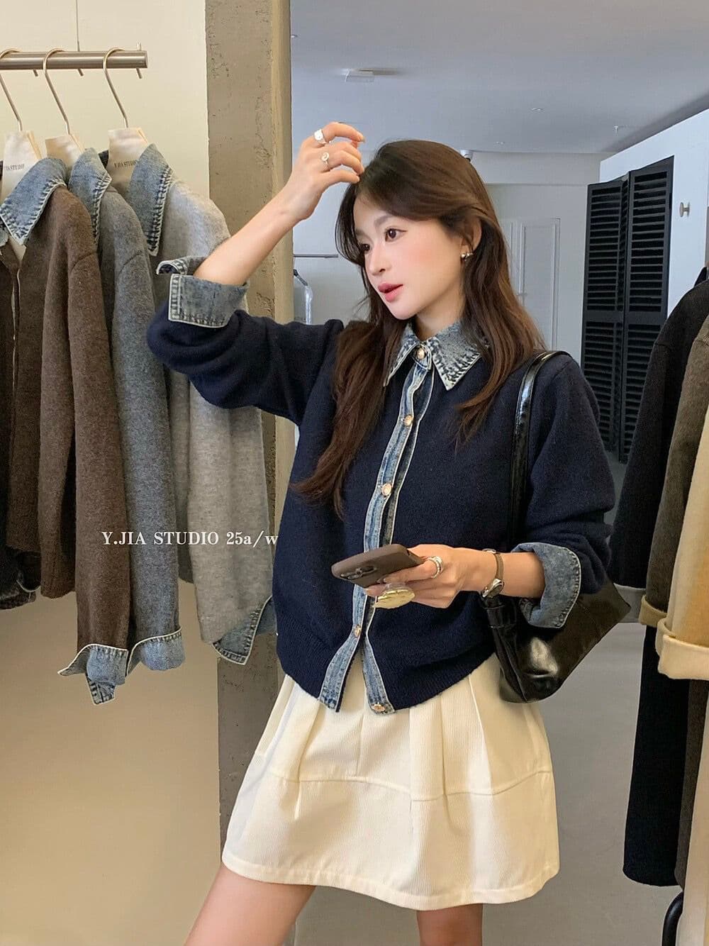 봄 가을 새로운 한 부서 패션 다용도 데님 패치워크 루즈핏 두꺼운 페이크 레이어드 스웨터 코트 니트 오픈 가디건 여성 상세 이미지 22