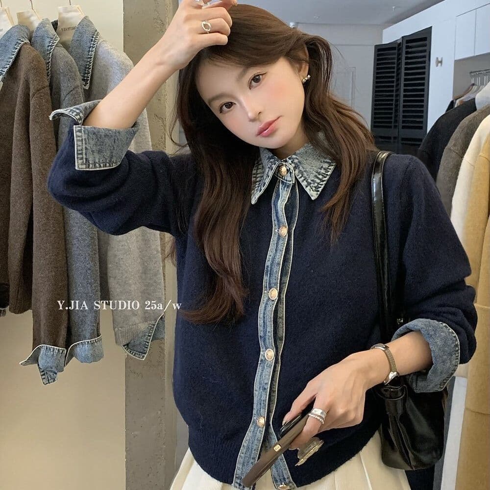 봄 가을 새로운 한 부서 패션 다용도 데님 패치워크 루즈핏 두꺼운 페이크 레이어드 스웨터 코트 니트 오픈 가디건 여성 상세 이미지 27