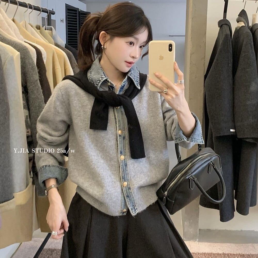 봄 가을 새로운 한 부서 패션 다용도 데님 패치워크 루즈핏 두꺼운 페이크 레이어드 스웨터 코트 니트 오픈 가디건 여성 상세 이미지 28