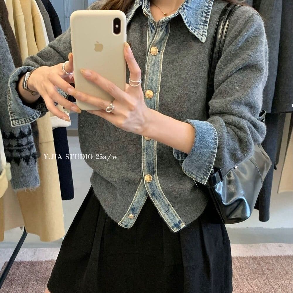 봄 가을 새로운 한 부서 패션 다용도 데님 패치워크 루즈핏 두꺼운 페이크 레이어드 스웨터 코트 니트 오픈 가디건 여성 상세 이미지 30