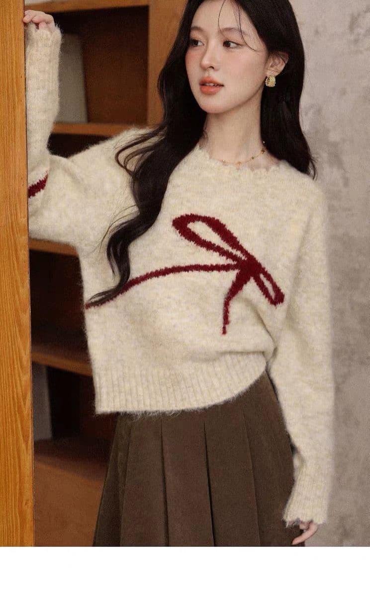 한 부서 레트로 나비 매듭 라운드 넥 긴팔 니트 스웨터 여성 가을 겨울 새로운 루즈핏 슬림해 보이는 다용도 풀오버 스웨터 여자 상세 이미지 4