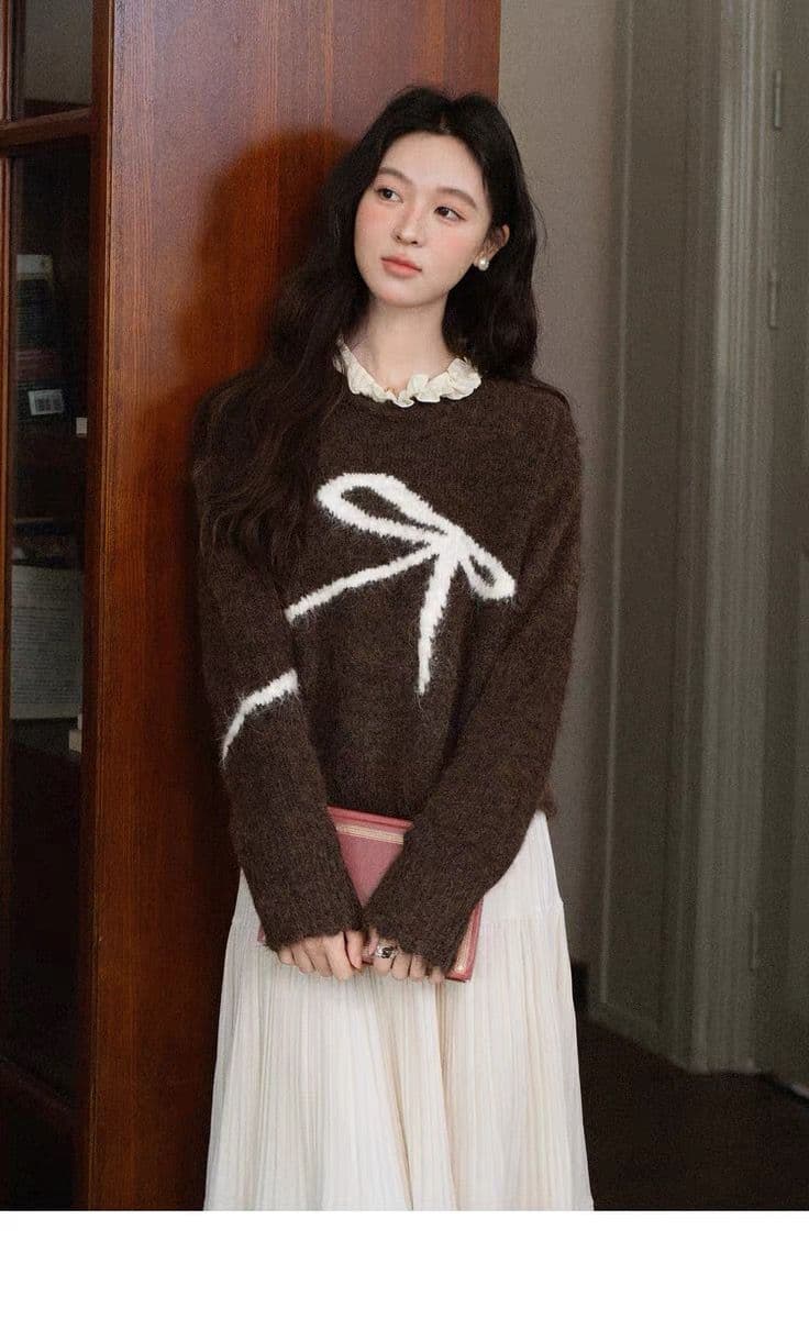 한 부서 레트로 나비 매듭 라운드 넥 긴팔 니트 스웨터 여성 가을 겨울 새로운 루즈핏 슬림해 보이는 다용도 풀오버 스웨터 여자 상세 이미지 9