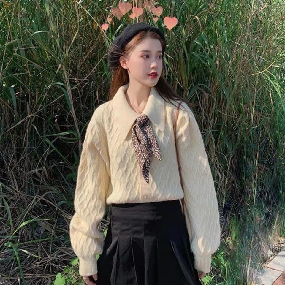 봄 가을 새로운 스카프 느긋한 바람 스웨터 여자 한국 스타일 루즈핏 외출용 쇼트 스타일 니트 카디건 코트 다용도 맨위 이미지 2