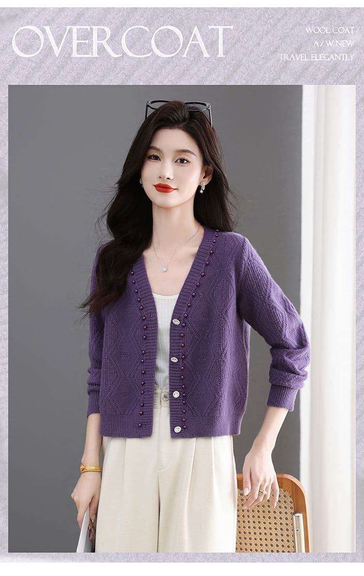 이른 가을 패션 한국 스타일 다용도 연령 감소 봄 가을 미니멀리즘 V넥 비즈 박기 양모 연령 감소 니트 오픈 가디건 쇼트 스타일 재킷 상세 이미지 1