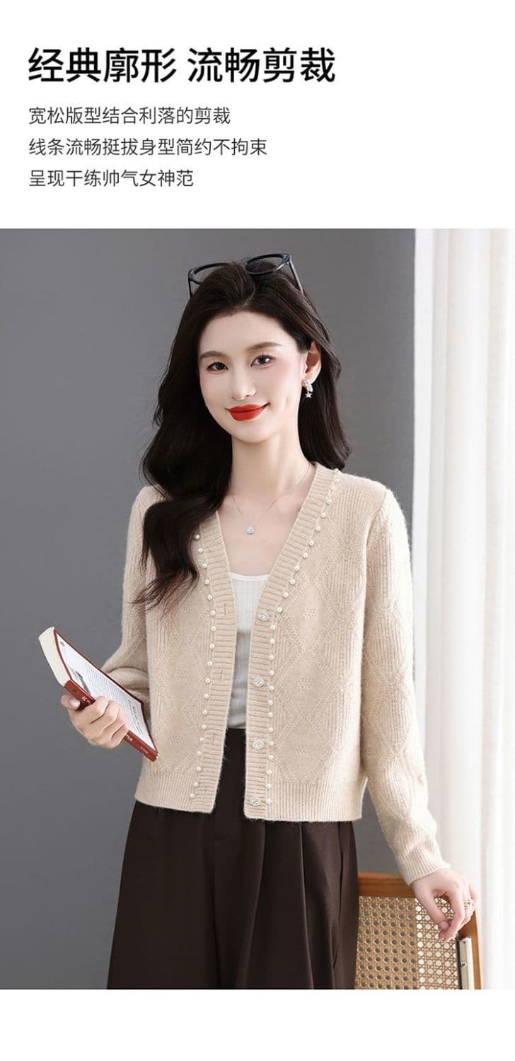 이른 가을 패션 한국 스타일 다용도 연령 감소 봄 가을 미니멀리즘 V넥 비즈 박기 양모 연령 감소 니트 오픈 가디건 쇼트 스타일 재킷 상세 이미지 9