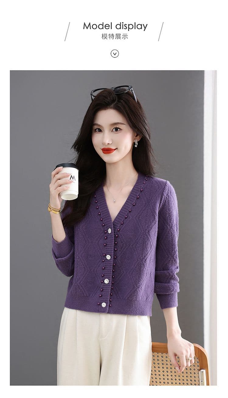 이른 가을 패션 한국 스타일 다용도 연령 감소 봄 가을 미니멀리즘 V넥 비즈 박기 양모 연령 감소 니트 오픈 가디건 쇼트 스타일 재킷 상세 이미지 15