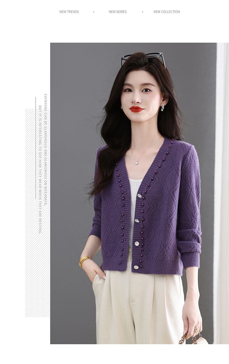 이른 가을 패션 한국 스타일 다용도 연령 감소 봄 가을 미니멀리즘 V넥 비즈 박기 양모 연령 감소 니트 오픈 가디건 쇼트 스타일 재킷 상세 이미지 16