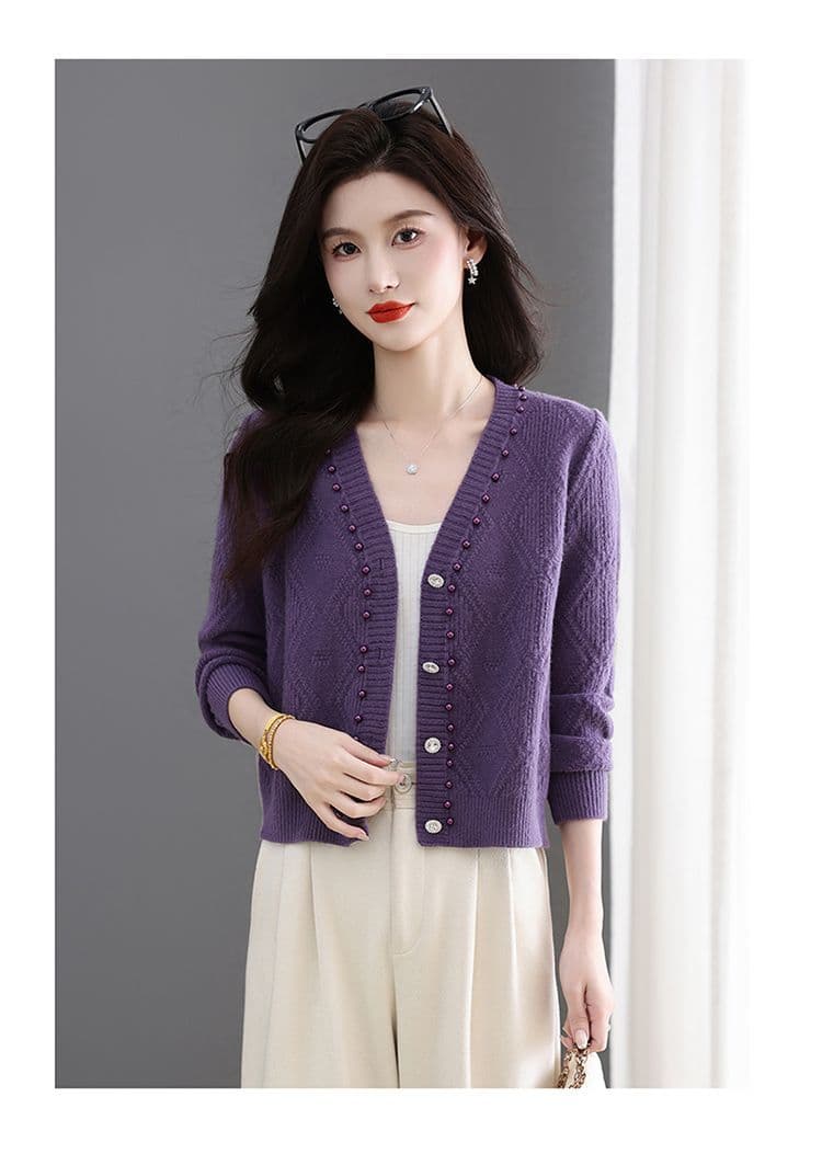 이른 가을 패션 한국 스타일 다용도 연령 감소 봄 가을 미니멀리즘 V넥 비즈 박기 양모 연령 감소 니트 오픈 가디건 쇼트 스타일 재킷 상세 이미지 17