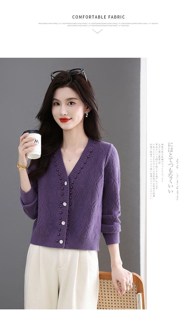이른 가을 패션 한국 스타일 다용도 연령 감소 봄 가을 미니멀리즘 V넥 비즈 박기 양모 연령 감소 니트 오픈 가디건 쇼트 스타일 재킷 상세 이미지 18