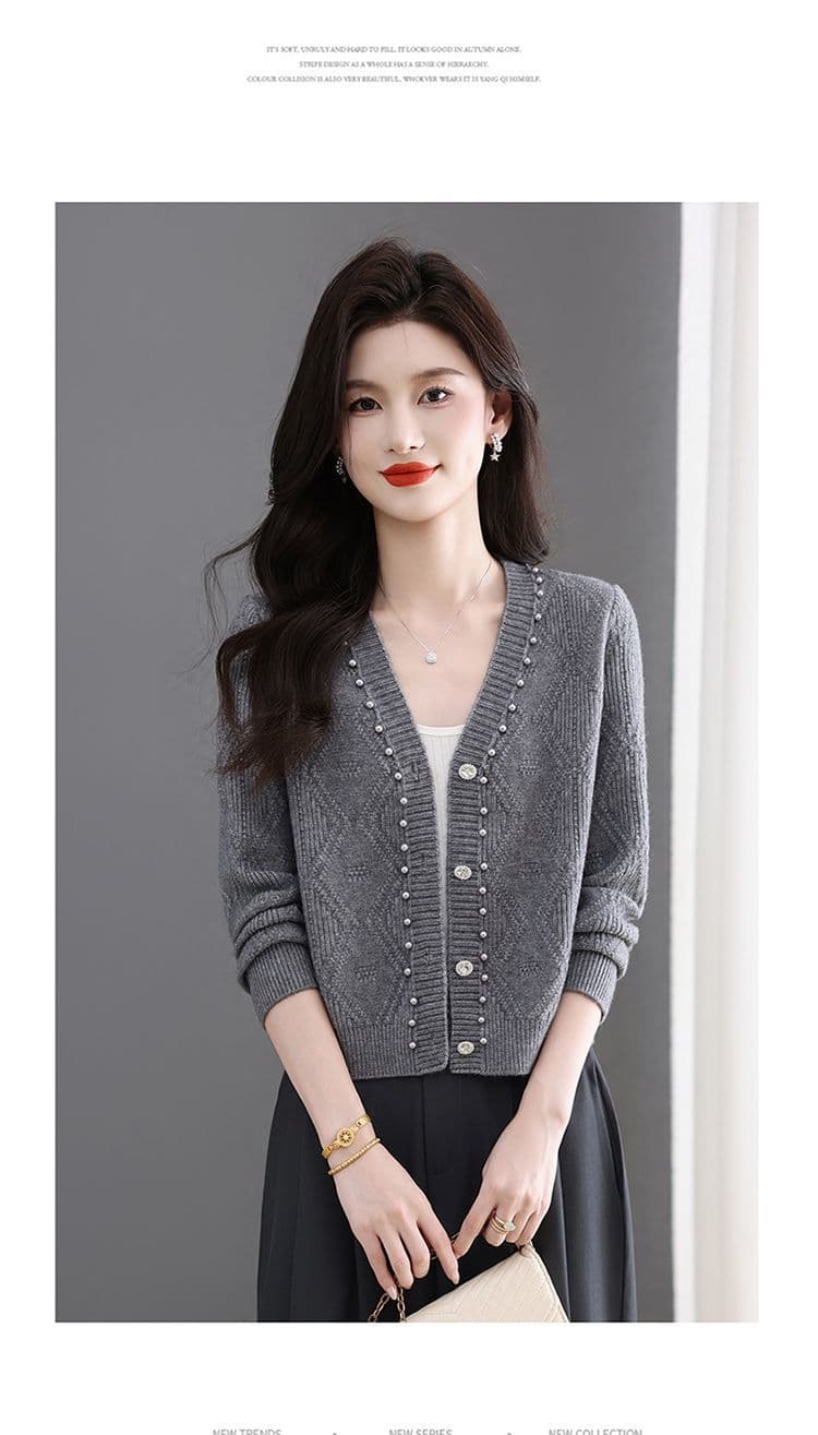 이른 가을 패션 한국 스타일 다용도 연령 감소 봄 가을 미니멀리즘 V넥 비즈 박기 양모 연령 감소 니트 오픈 가디건 쇼트 스타일 재킷 상세 이미지 19