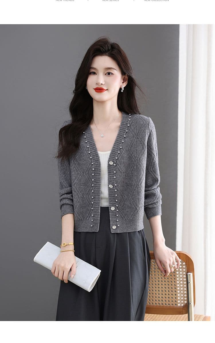 이른 가을 패션 한국 스타일 다용도 연령 감소 봄 가을 미니멀리즘 V넥 비즈 박기 양모 연령 감소 니트 오픈 가디건 쇼트 스타일 재킷 상세 이미지 20