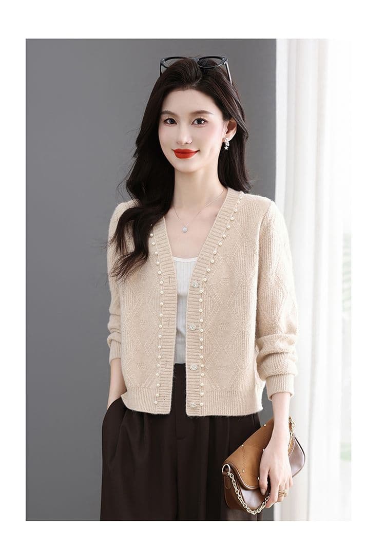 이른 가을 패션 한국 스타일 다용도 연령 감소 봄 가을 미니멀리즘 V넥 비즈 박기 양모 연령 감소 니트 오픈 가디건 쇼트 스타일 재킷 상세 이미지 26